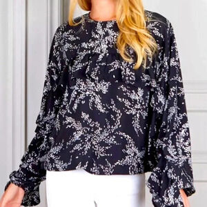 Senlis Black & White Leaves Louise Ruffle-Detail Oversize Long-Sleeve Top Size M